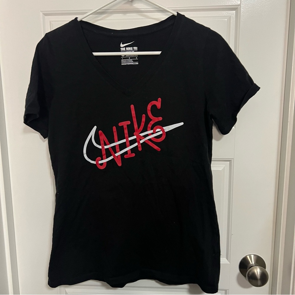 Nike Women's Black Tee with Red and White Logo
